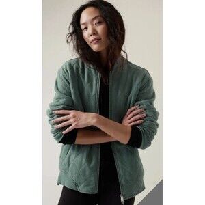 Athleta Retroplush Bomber Jacket XL Green Tall Athleisure Quilted Oversized